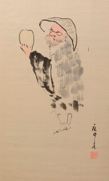 null Peinture au lavis et couleurs légères de types zen représentant un Sennin.

Signé...