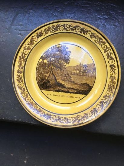 null MONTEREAU
Earthenware plate with printed decoration in grisaille on a yellow...