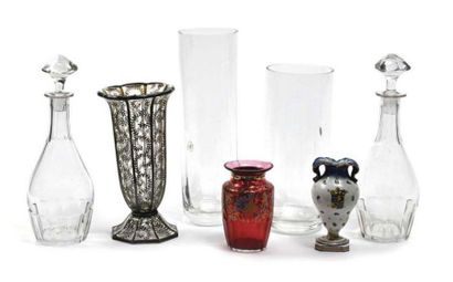 null Set including a glass vase on a pedestal with stylized oral floral painted decoration....
