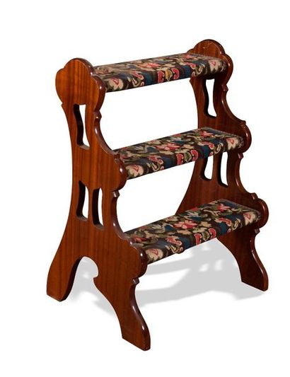 null Mahogany library stepladder with three steps, covered with tapestry with small...