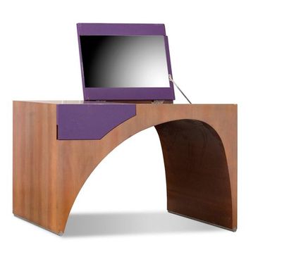Marie-Christine DORNER Dressing table desk in veneer wood covered with mauve leather...