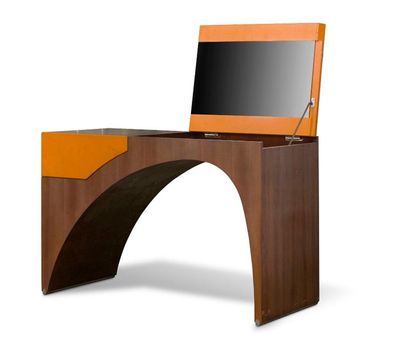 Marie-Christine DORNER Dressing table desk in veneer wood covered with brown leather...