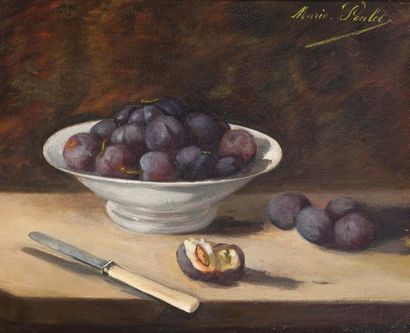 - Ecole française du XIXème siècle 
Plum cup
Oil on canvas. Signed upper right Marie...