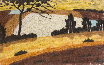 - André EVEN (1918-1996) 
Paysage soleil couchant
Gouache sur papier marouflé sur...