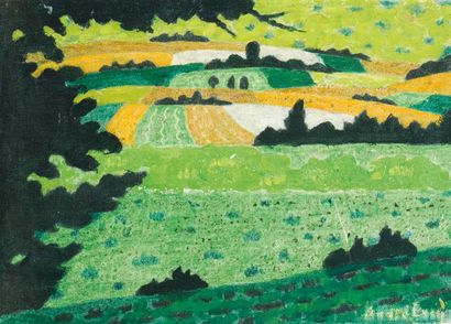 - André EVEN (1918-1966) 
The green fields
Gouache on paper mounted on canvas.
Signed...