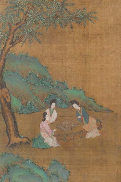 null - Suite de six peintures en couleurs sur soie illustrant des activités féminines...
