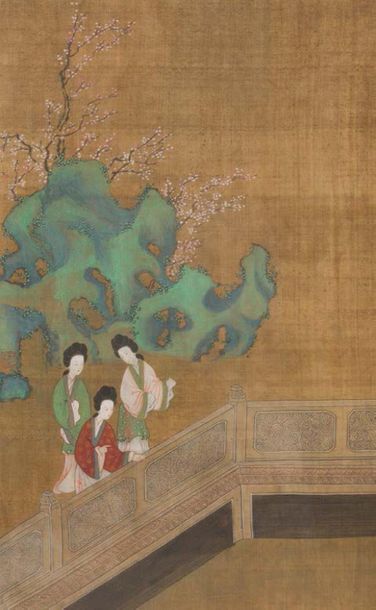 null - Suite de six peintures en couleurs sur soie illustrant des activités féminines...