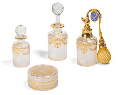 LAMIRAL Spray, two crystal flasks and bowls with gold decoration of friezes, flowers...