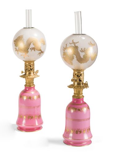null - Pair of pink and gold opaline lamps. The gilt crystal lampshades, decorated...