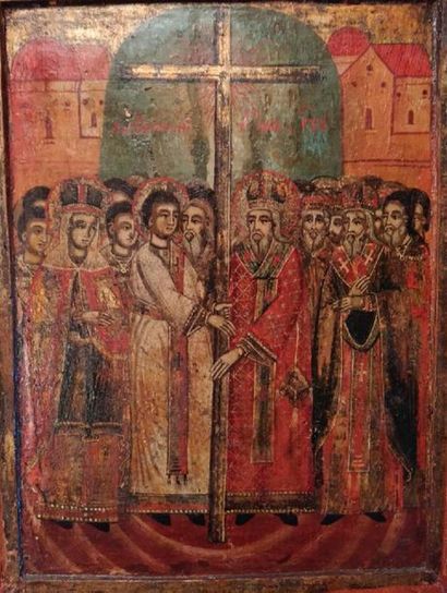 - Ecole russe du XIXème siècle 
Assemblée de saints entourant la Croix.
Tempera et...