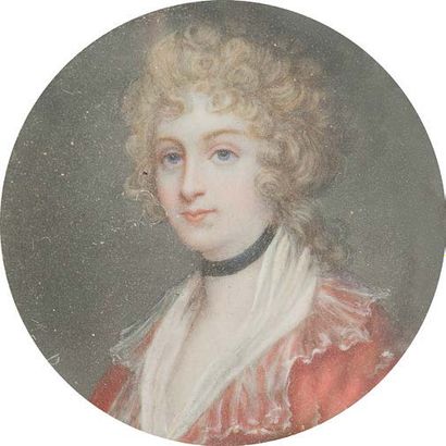 - Antoine BERJON (1754-1843) 
Femme au collier de chien
Miniature à la gouache.
Signé...