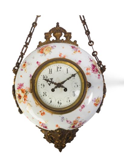 null - Wall clock in polychrome enamelled porcelain with seedling and flower decoration...