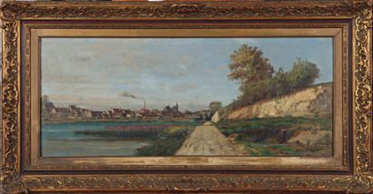 EMILE NORMAND SAINT-MARCEL (NÉ EN 1840) Village au bord de la rivière Huile sur panneau...