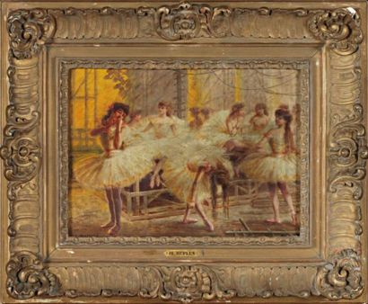 PAUL EUGÈNE MESPLES (1849-1924) Le foyer de l'Opéra Huile sur toile signée en bas...