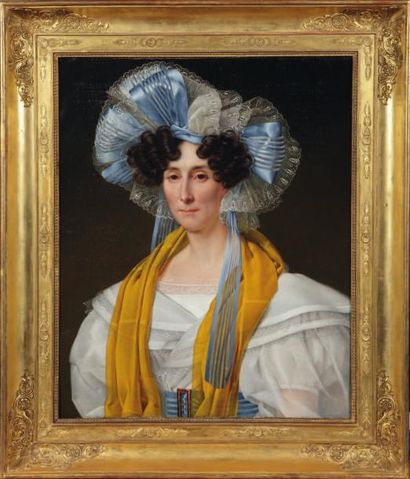 ISIDORE PÉAN DU PAVILLON (1790-1856) Elégante au ruban bleu Huile sur toile signée...