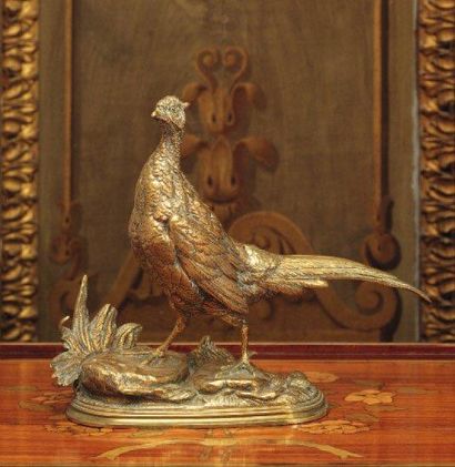 EDOUARD PAUL DELABRIERRE (1829-1912) Perdrix. Sculpture en bronze ciselé et doré,...