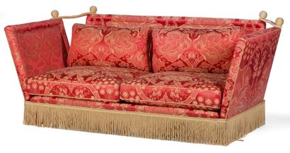 null Pair of two-seater sofas, upholstered in silk with plant decoration.
86 x 93...