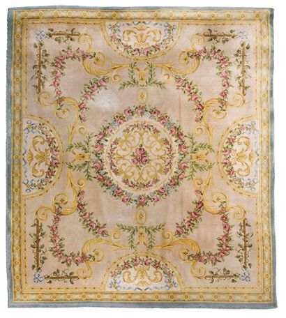 null Carpet in polychrome wool with decoration of garlands of flowers, foliage, ribbons...