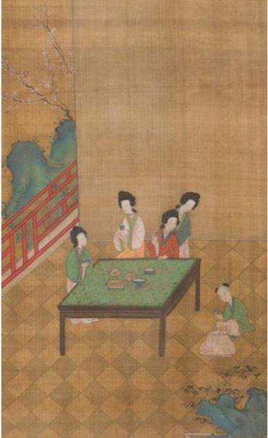 null 
Suite of six colourful silk paintings illustrating activities

edifying women,...