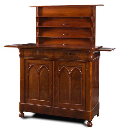 null Mahogany and mahogany veneer cabinet with height support opening by two drawers...