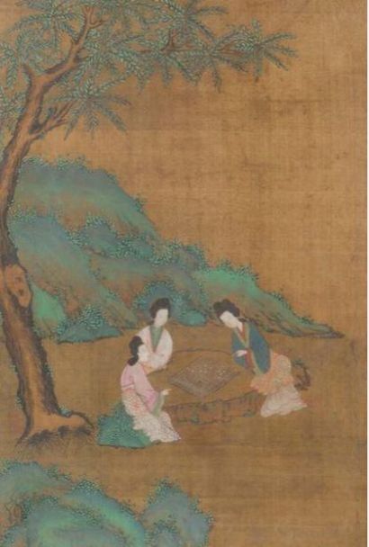 null 
Suite of six colourful silk paintings illustrating activities

edifying women,...