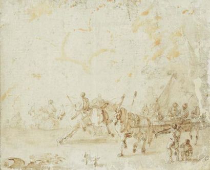 Ecole Française. Fin XVIIIème siècle. 
Two military convoys
Pair of drawings, grey...