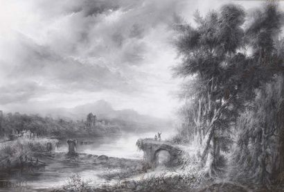 Ecole FRANCAISE de la fin du XIXème siècle 
Animated landscape
Grey pastel and white...