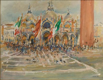 André EVEN (1918-1966) La place Saint Marc Oil on canvas. Signed lower left 90 x...