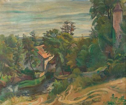 Georges PAPANDREOU (c. 1910) 
Maison au toit rouge
Huile sur toile. Signé en bas...