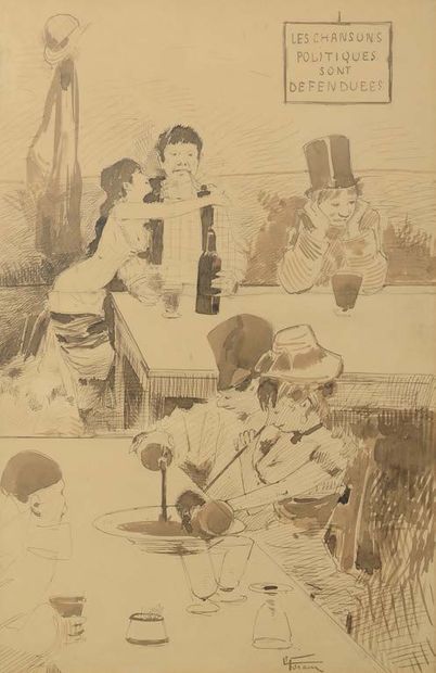 Jean Louis FORAIN (1852-1931) Bistro scene Ink and ink wash on paper Signed lower...