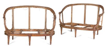  Pair of awning frames in moulded carved wood with a patina. The armrests are finished...
