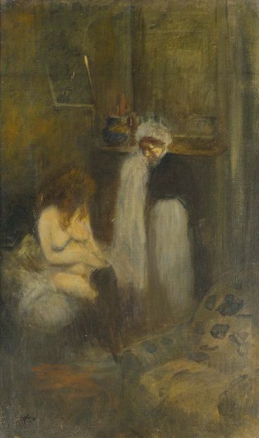 Jean-Louis FORAIN (1852-1931) 
L'habilleuse
Huile sur toile. Signé en bas à gauche...
