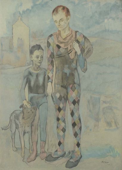 Jacques VILLON (1875-1963) 
Deux saltimbanques avec un chien. D'après Pablo PICASSO.
Aquatinte...