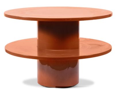 JANSEN *Brown lacquered wooden low table with two superimposed trays around a cylindrical...