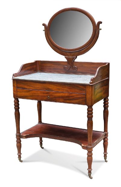  Dressing table in mahogany and mahogany veneer opening by a drawer in belt, the...