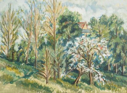 Fred PAILHES (1902-1991) The Red Roof Gouache and watercolour on paper. Signed lower...