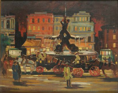 Renato Natali (1883-1979) 
Rome-Place Barberini
Huile sur panneau. Signé en bas à...