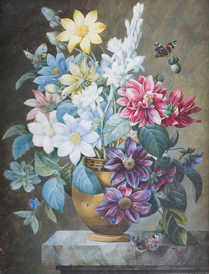 Pierre Joseph REDOUTE (Saint Hubert 1759 - Paris 1840) 
Vase de fleurs et papillons...