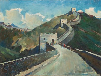 Quan SANSHI (né en 1930) 
La grande muraille de Chine
Huile sur toile. Signé en bas...