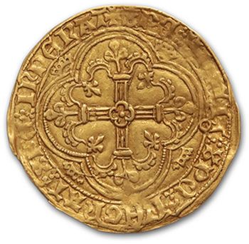 null CHARLES VII (1422-1461)
Royal of gold. La Rochelle. 3,56 g. 
 D. 455B. TTB.