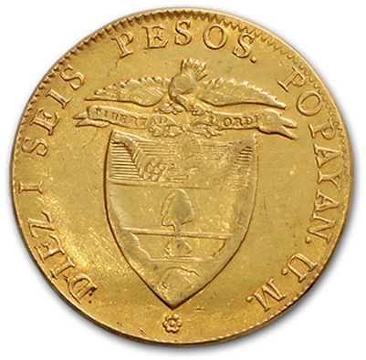 null République de Nouvelle Grenade (1837-1859) 16 pesos or. 1844. Popayan.
2 pesos...