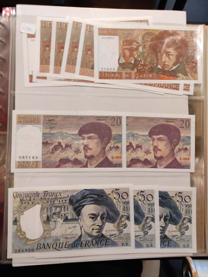 null Set of 39 banknotes, after re-establishment of the Franc; three reproductions...