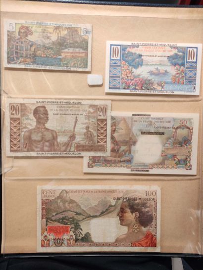 null SAINT-PIERRE-ET-MIQUELON/GUADELOUPE Set of 10 banknotes, including St Pierre...