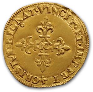 null CHARLES IX (1560-1574)
Golden shield with sun. 1565. Montpellier. 3,35 g. Unpublished...