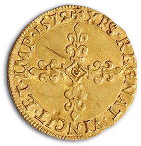 null HENRI III (1574-1589)
Écu d'or au soleil au nom de Charles IX. 1575. 3,38 g.
D....