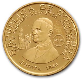 null International Eucharistic Congress of 1968 in Bogota: 5 gold coins 900 thousandths:...