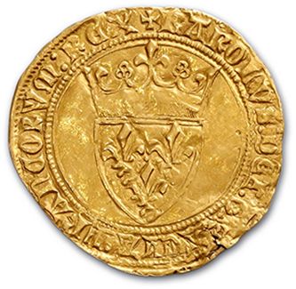 null CHARLES VI (1380-1422)
Gold shield with crown. 3,79 g. 
 D. 369.
Traces of old...