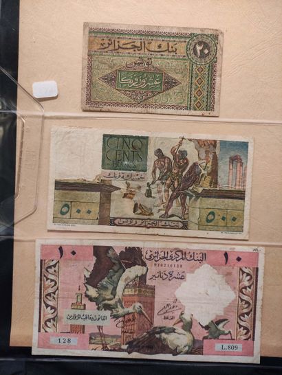 null Set of 33 banknotes, including 500 F Tunisia of 2.01.1952 (P. 28), VF and T...