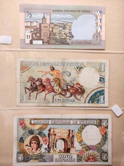 null Set of 33 banknotes, including 500 F Tunisia of 2.01.1952 (P. 28), VF and T...