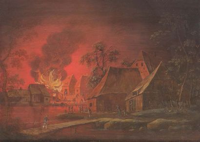 Ecole FLAMANDE de la fin du XVIIIème siècle 
L'incendie du village
Gouache 12,5 x...